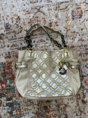 Coach Metallic Beige and Gold Circle-Pattern Shoulder Bag